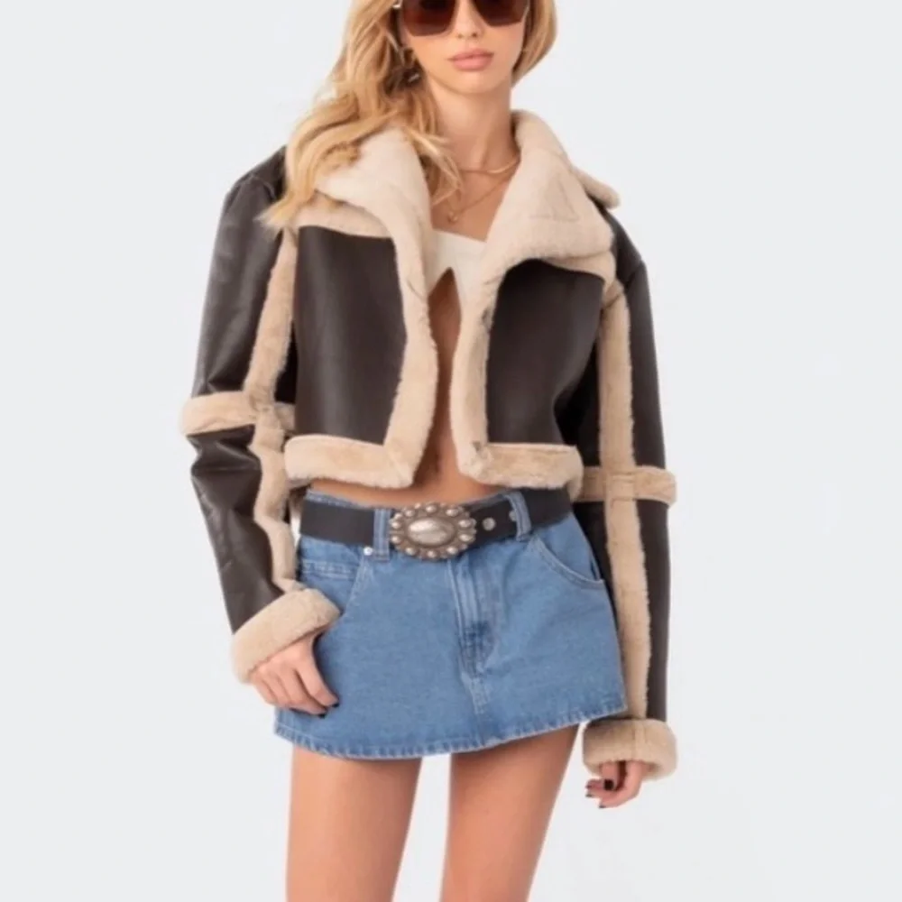 Women's Shearling Trim Leather Jacket - Picture 1 of 1